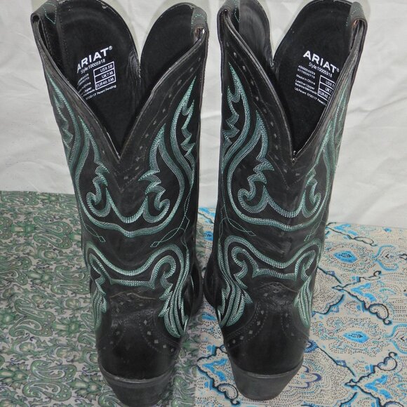 Ariat Tall Black Leather Cowboy Boots with Turquoise Embroidery - Picture 6 of 13